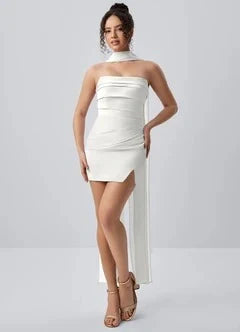 Chic Strapless Bodycon Ruched Scarf White Mini Homecoming Dress Women