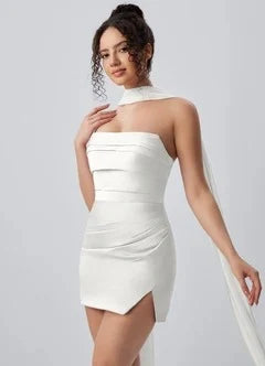 Chic Strapless Bodycon Ruched Scarf White Mini Homecoming Dress Women