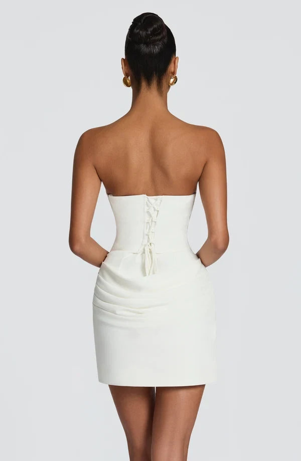 Chic Strapless Draped Ruched Ivory Mini Bodycon Homecoming Dress Women's