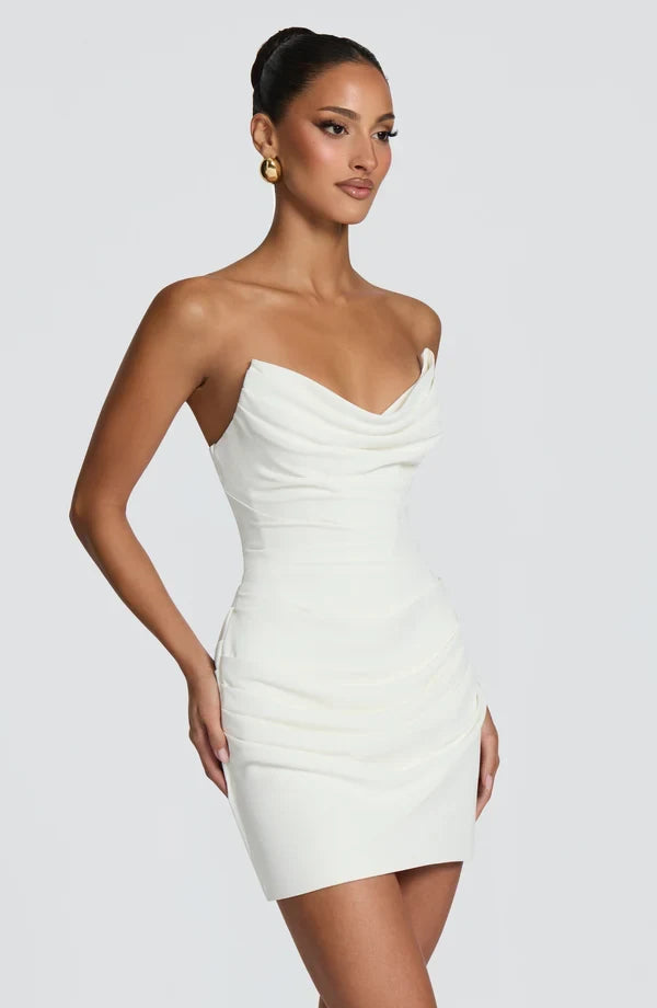Chic Strapless Draped Ruched Ivory Mini Bodycon Homecoming Dress Women's