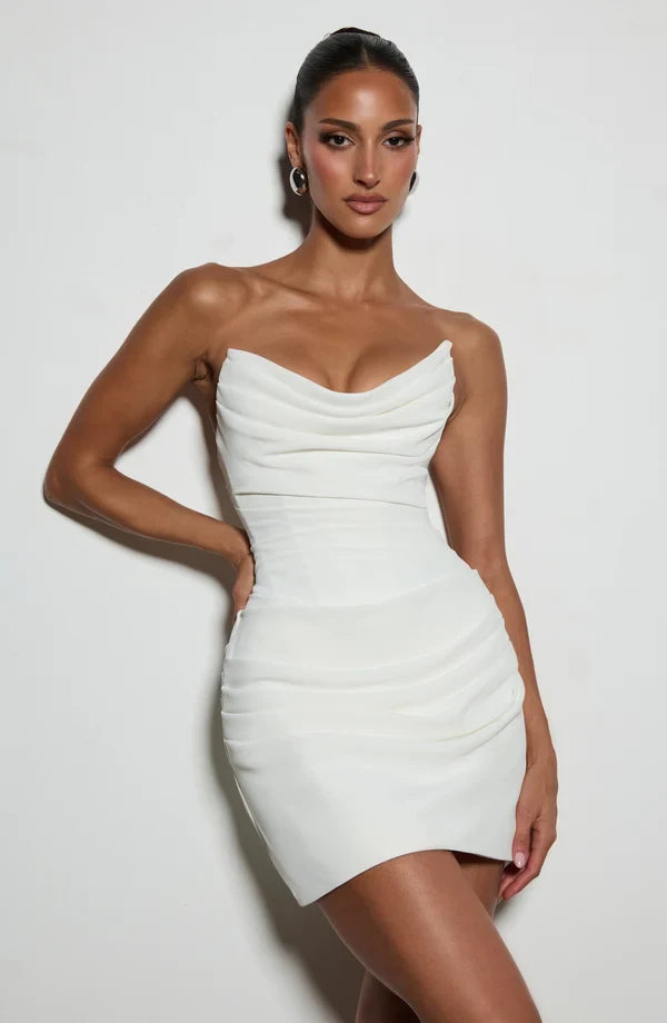 Chic Strapless Draped Ruched Ivory Mini Bodycon Homecoming Dress Women's