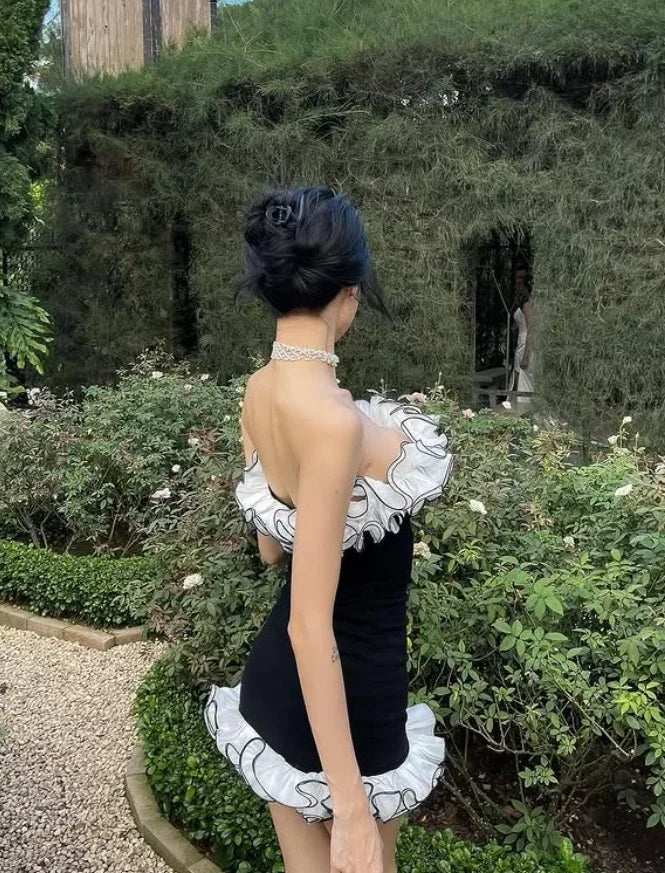 Chic Strapless Ruffled Flirty Black White Short Homecoming Dress Women's