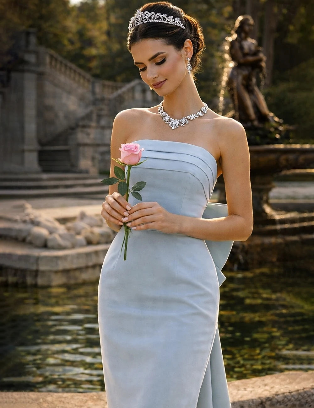 Chic Strapless Sheath Sky Blue Midi Prom Dress with Back Bow