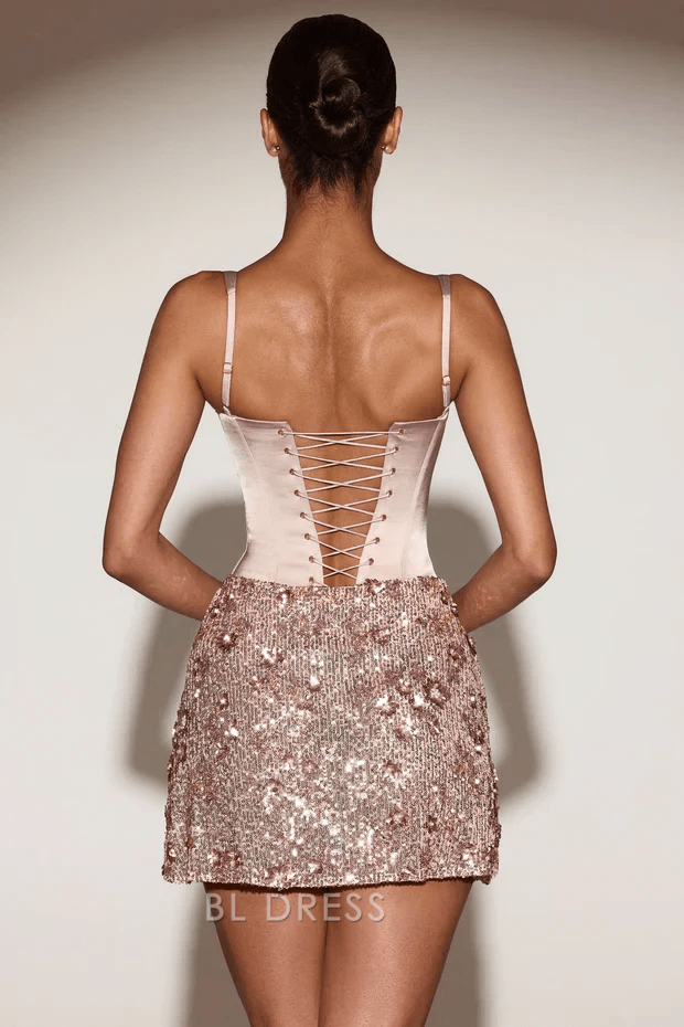 Chic Sweetheart Sleeveless Sequin Draped Rose Gold Mini Homecoming Dress