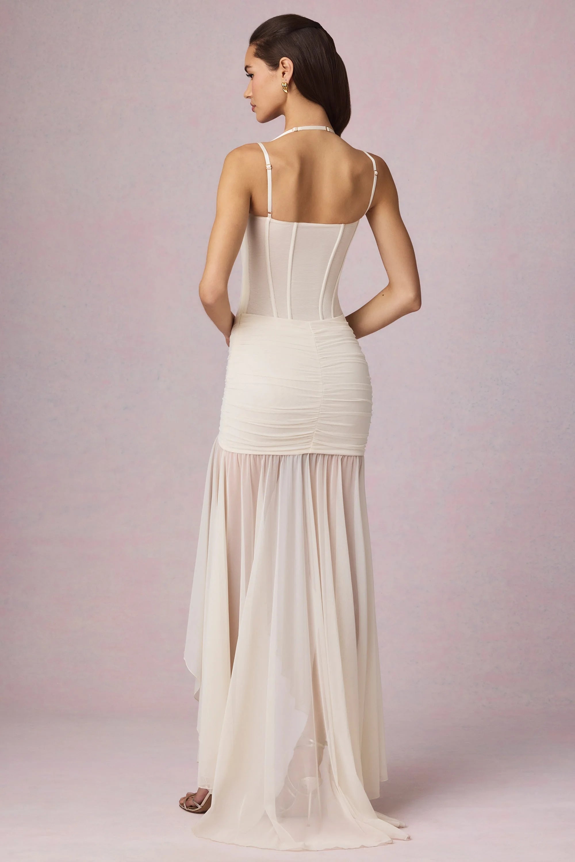 Chic Sweetheart Strappy Corset Ruched Cream High-Low Prom Dress Gown