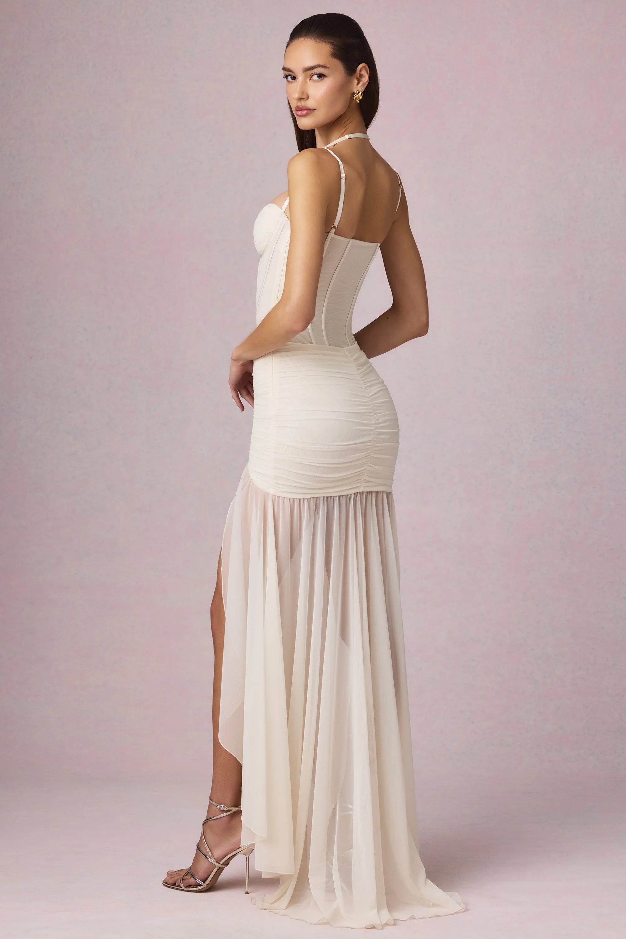 Chic Sweetheart Strappy Corset Ruched Cream High-Low Prom Dress Gown