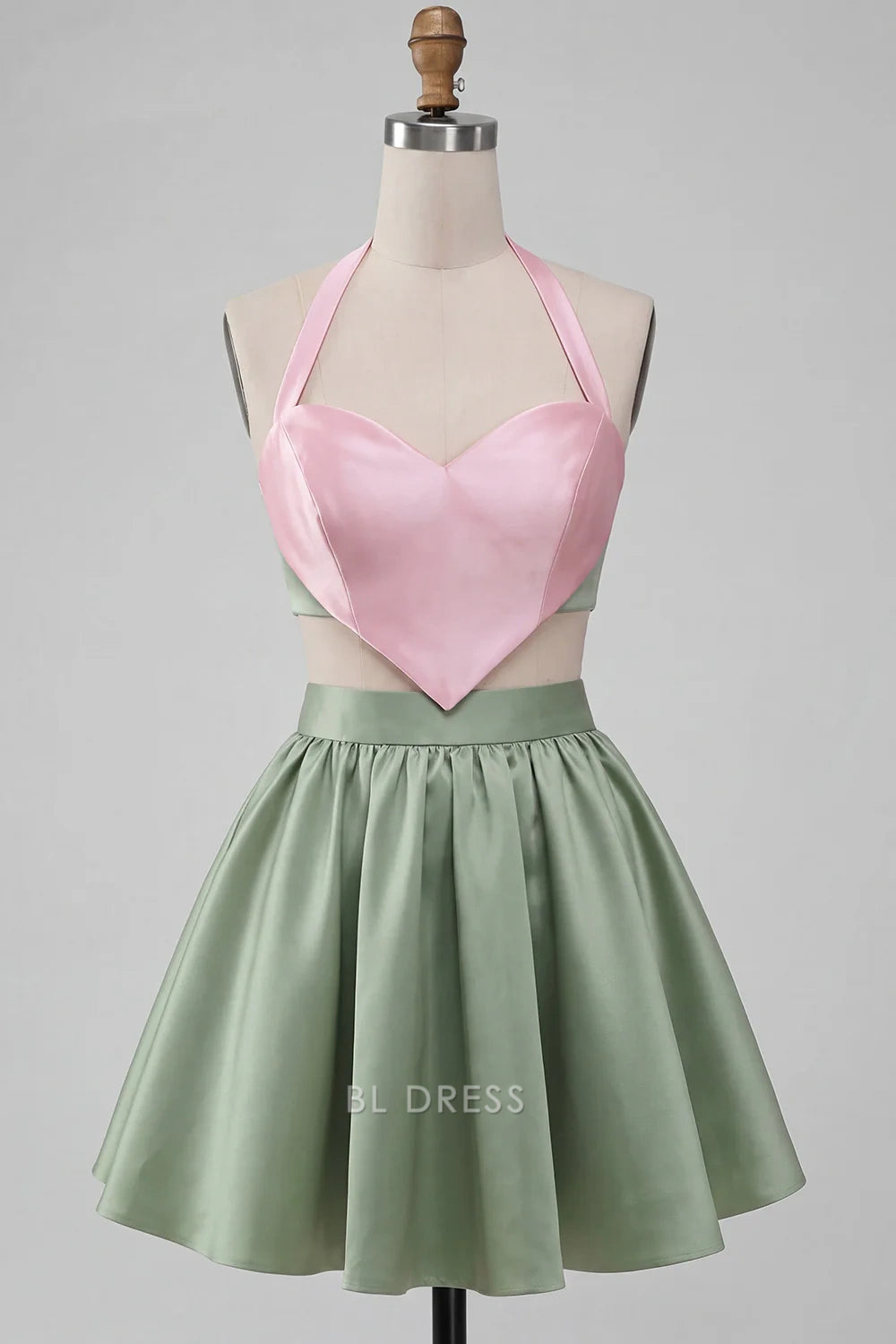 Chic Two-Piece A-Line Sweetheart Halter Sleeveless Pink Green Short Homecoming Dress