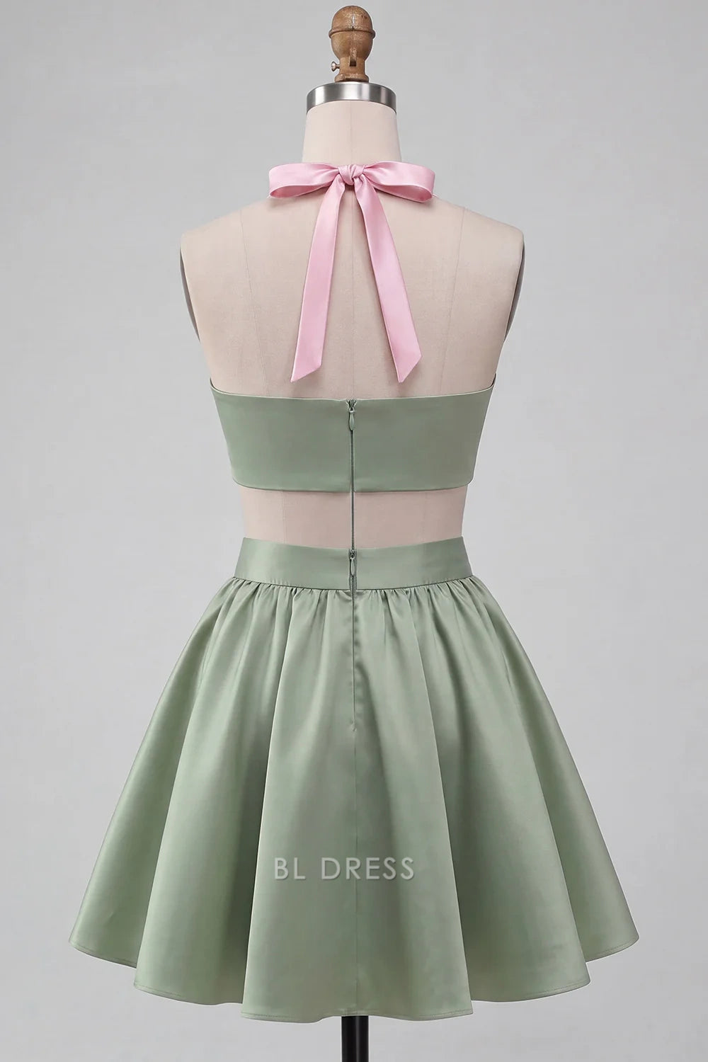 Chic Two-Piece A-Line Sweetheart Halter Sleeveless Pink Green Short Homecoming Dress