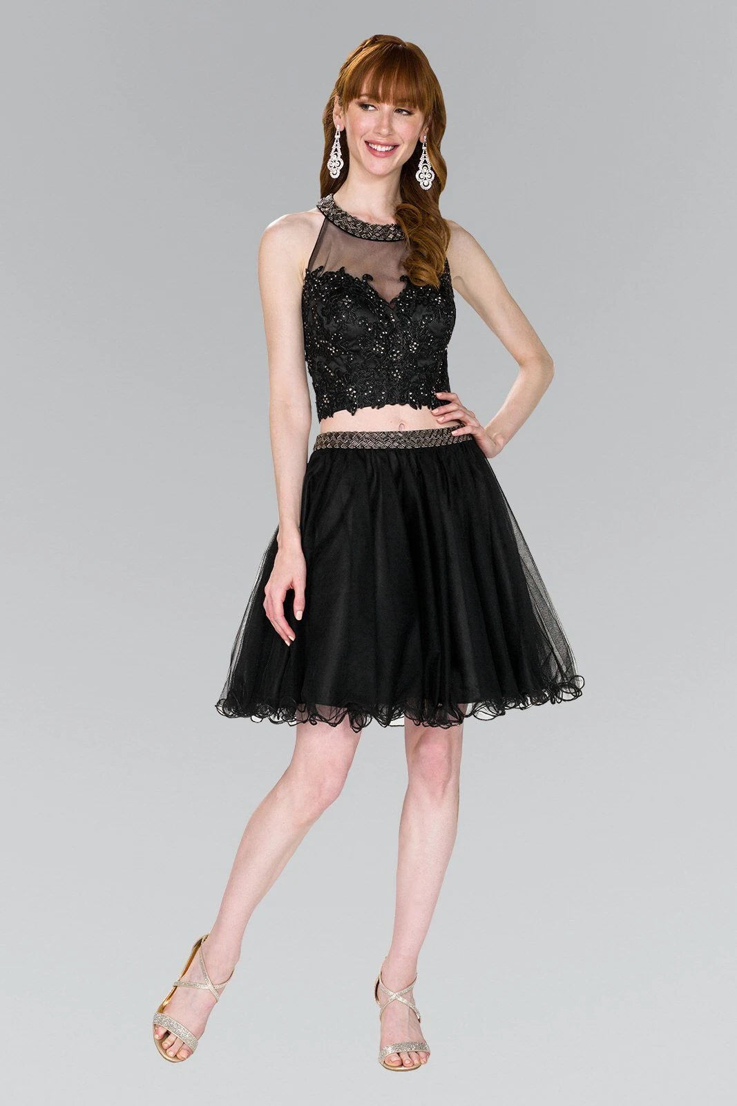 Chic Two-Piece Halter Sleeveless Sparkling Backless Black Short Homecoming Dress