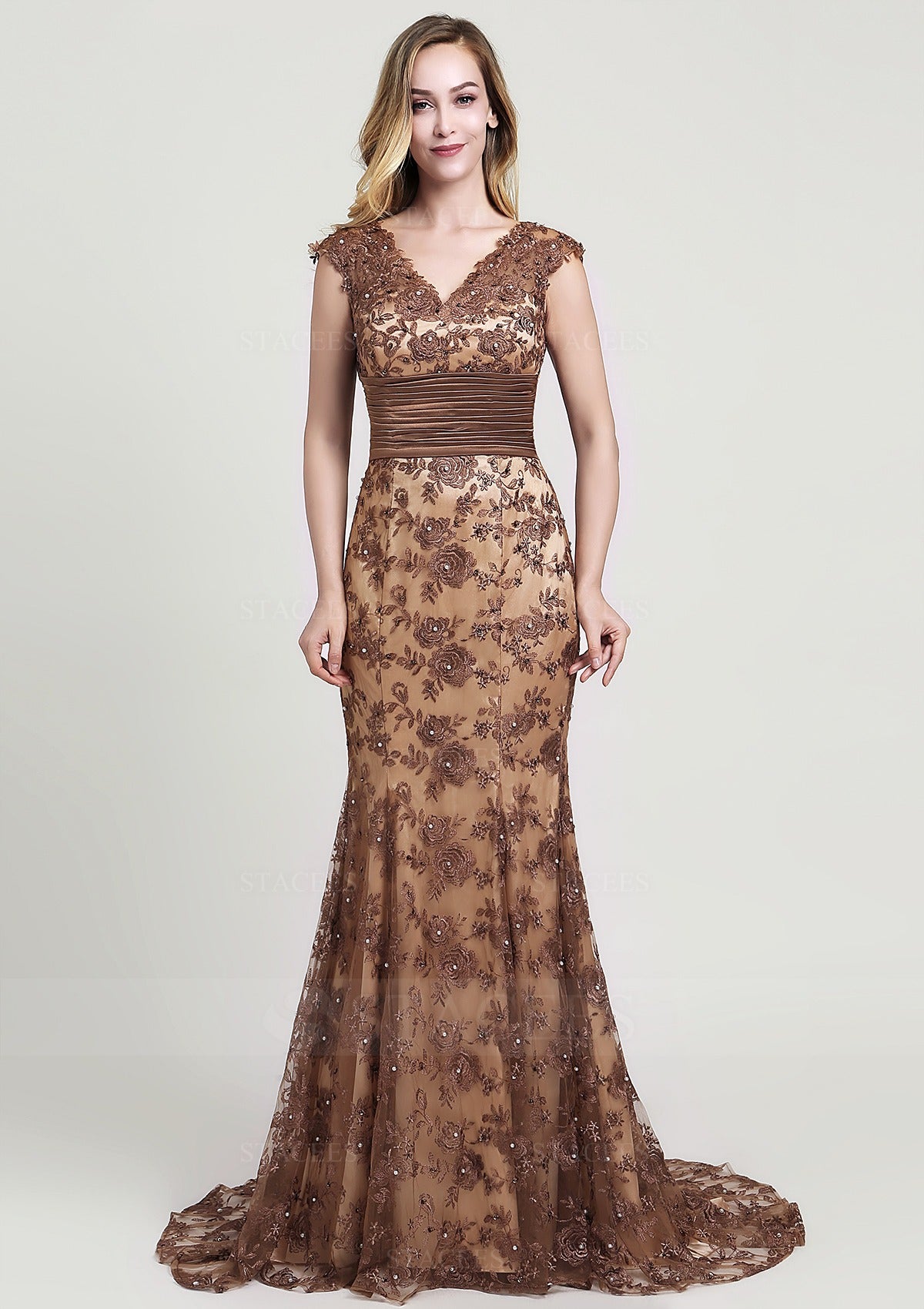 Chocolate Cap Sleeve V Neck Lace Beaded Mermaid Long Formal Evening Prom Dress
