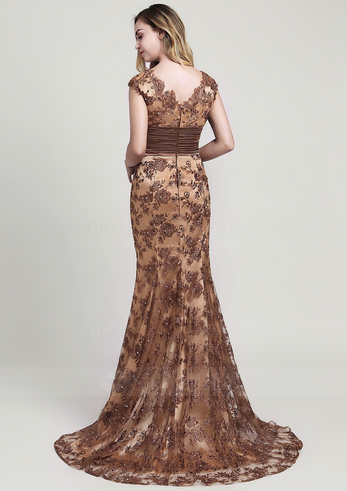 Chocolate Cap Sleeve V Neck Lace Beaded Mermaid Long Formal Evening Prom Dress