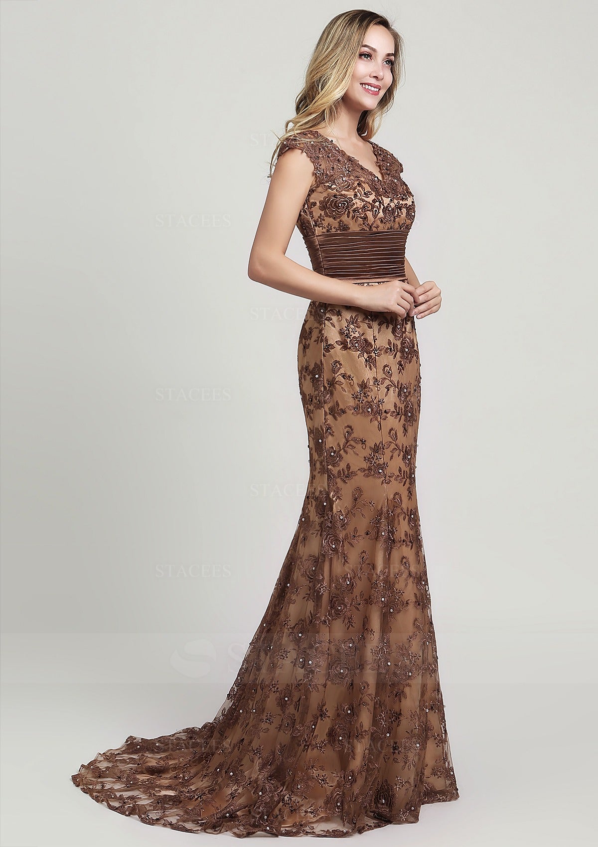 Chocolate Cap Sleeve V Neck Lace Beaded Mermaid Long Formal Evening Prom Dress
