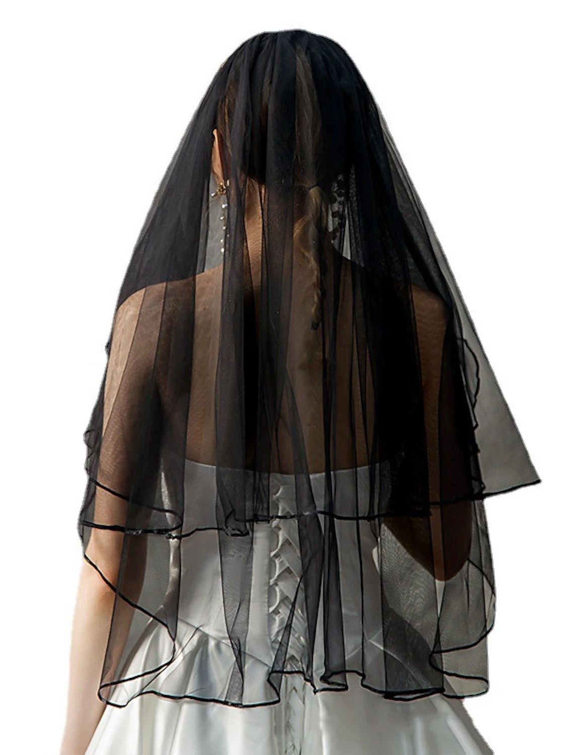 Pure white tulle two-tier elbow wedding veil with flower detail.