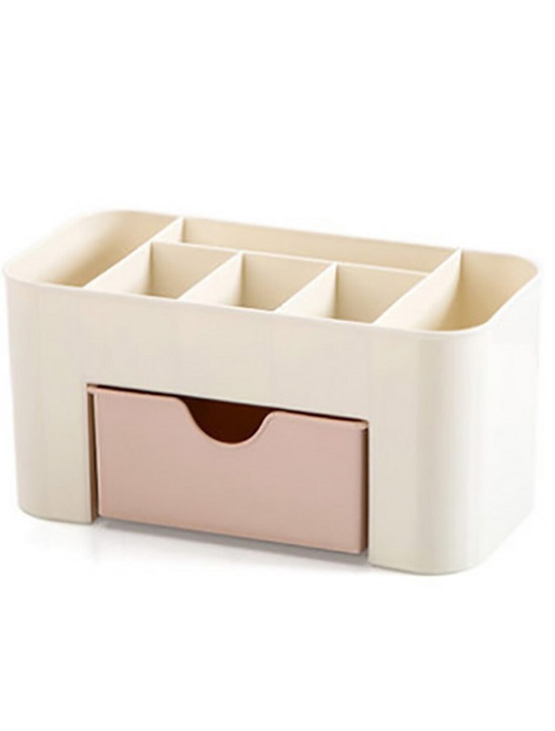 Clear makeup storage box on a vanity, filled with cosmetics and skincare.