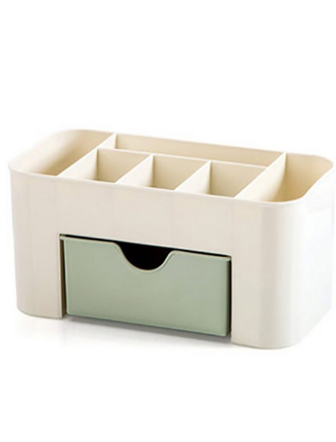 Transparent storage box holding various makeup brushes, lipsticks, and jewelry.