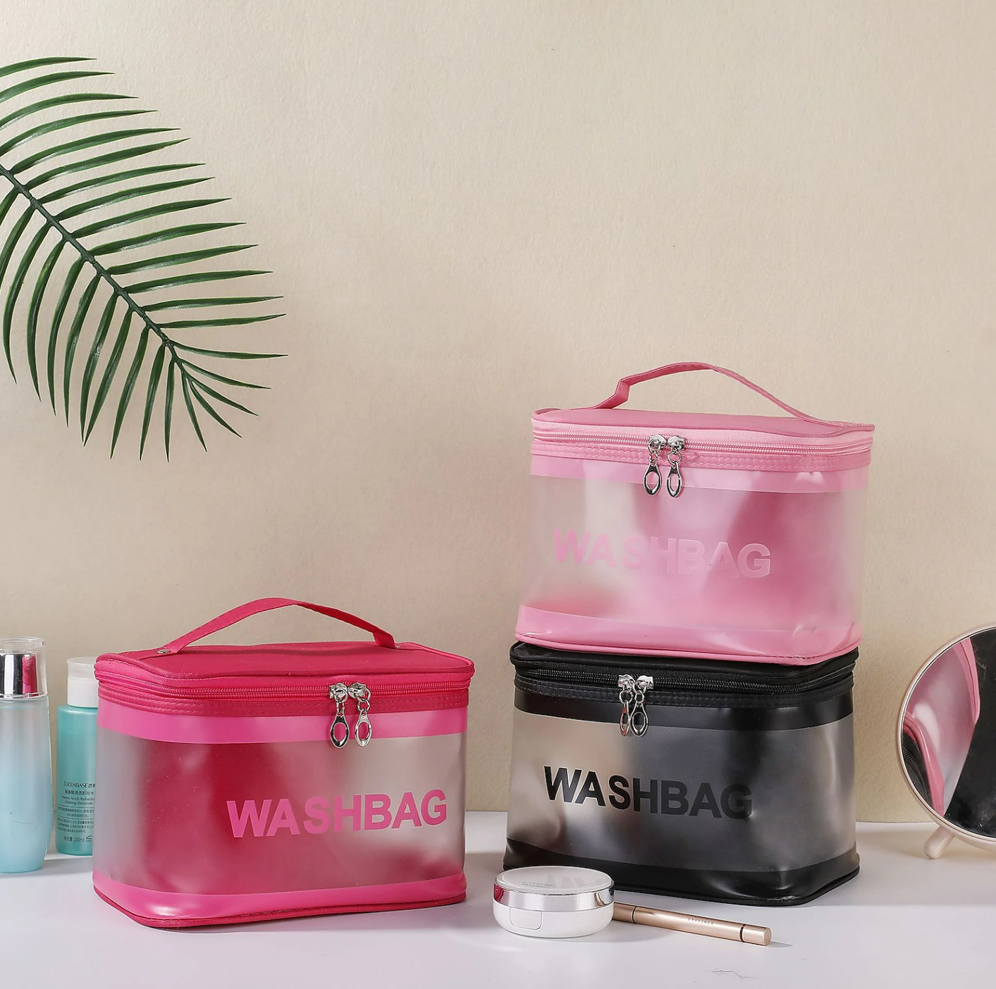 Clear PVC cosmetic bag with a zipper closure.