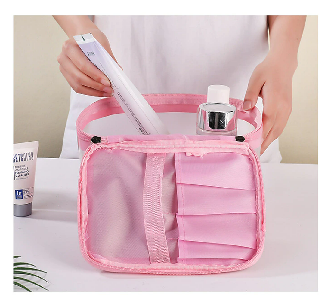 Transparent PVC makeup bag filled with various cosmetic items.