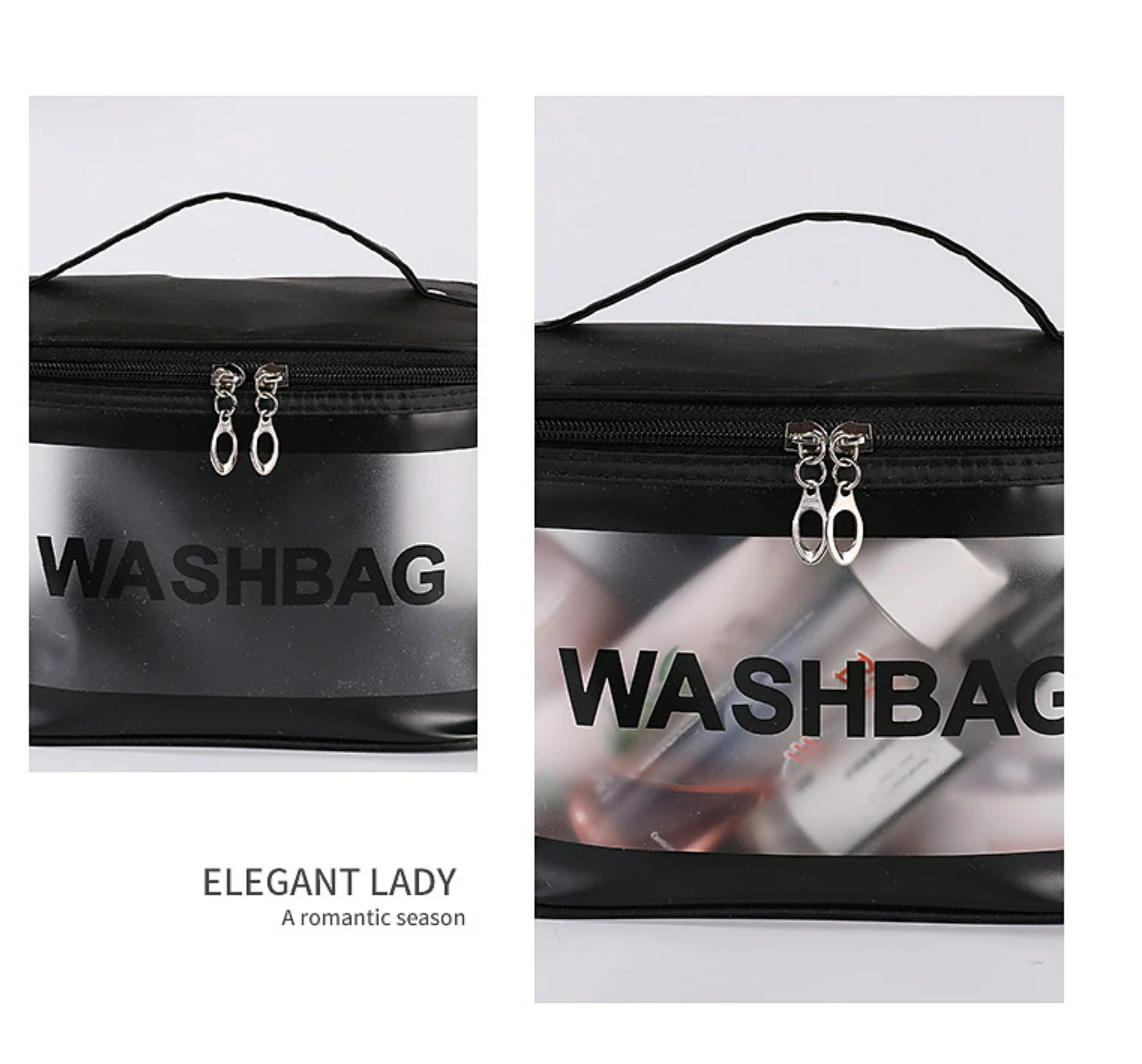 Side view of a clear PVC toiletry bag.
