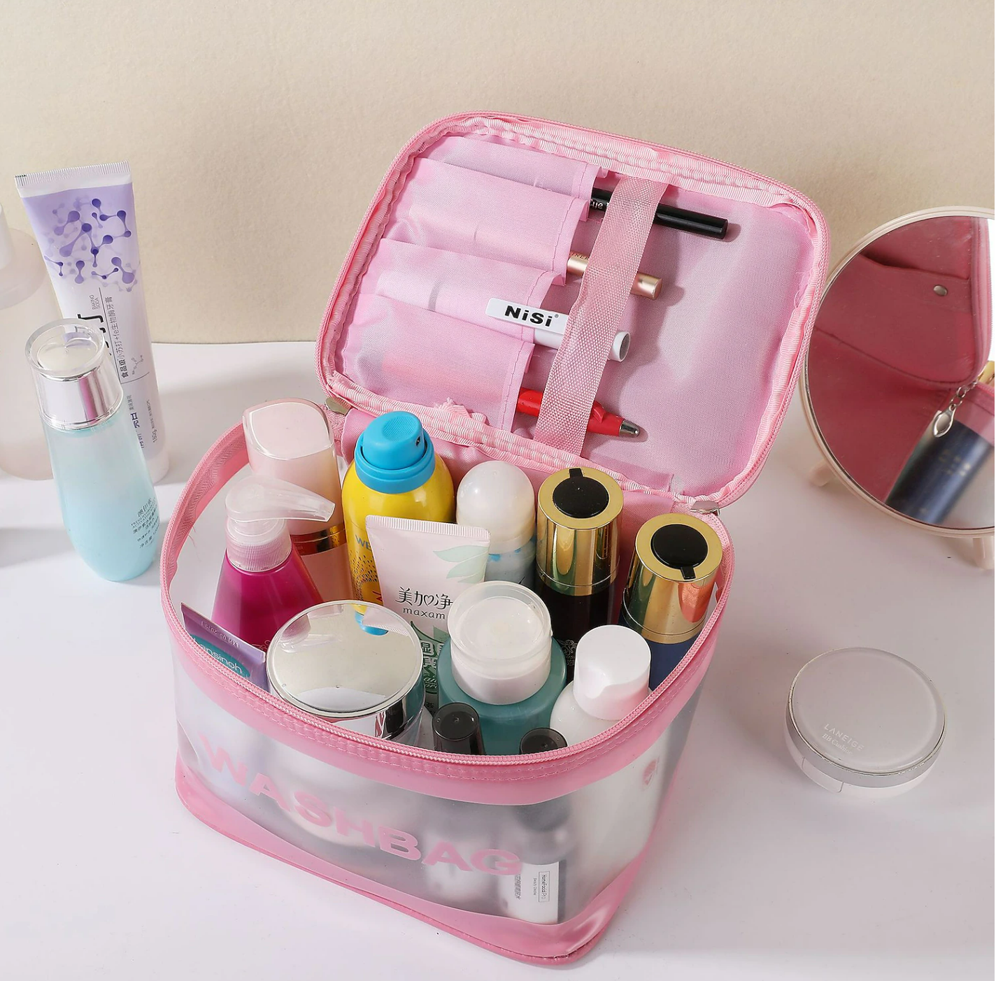 Front view of a clear waterproof cosmetic bag.