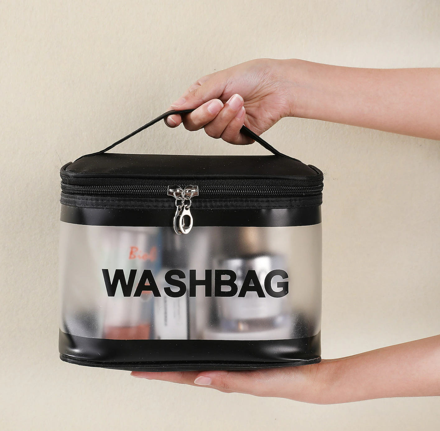 Angled view of a clear PVC travel bag.