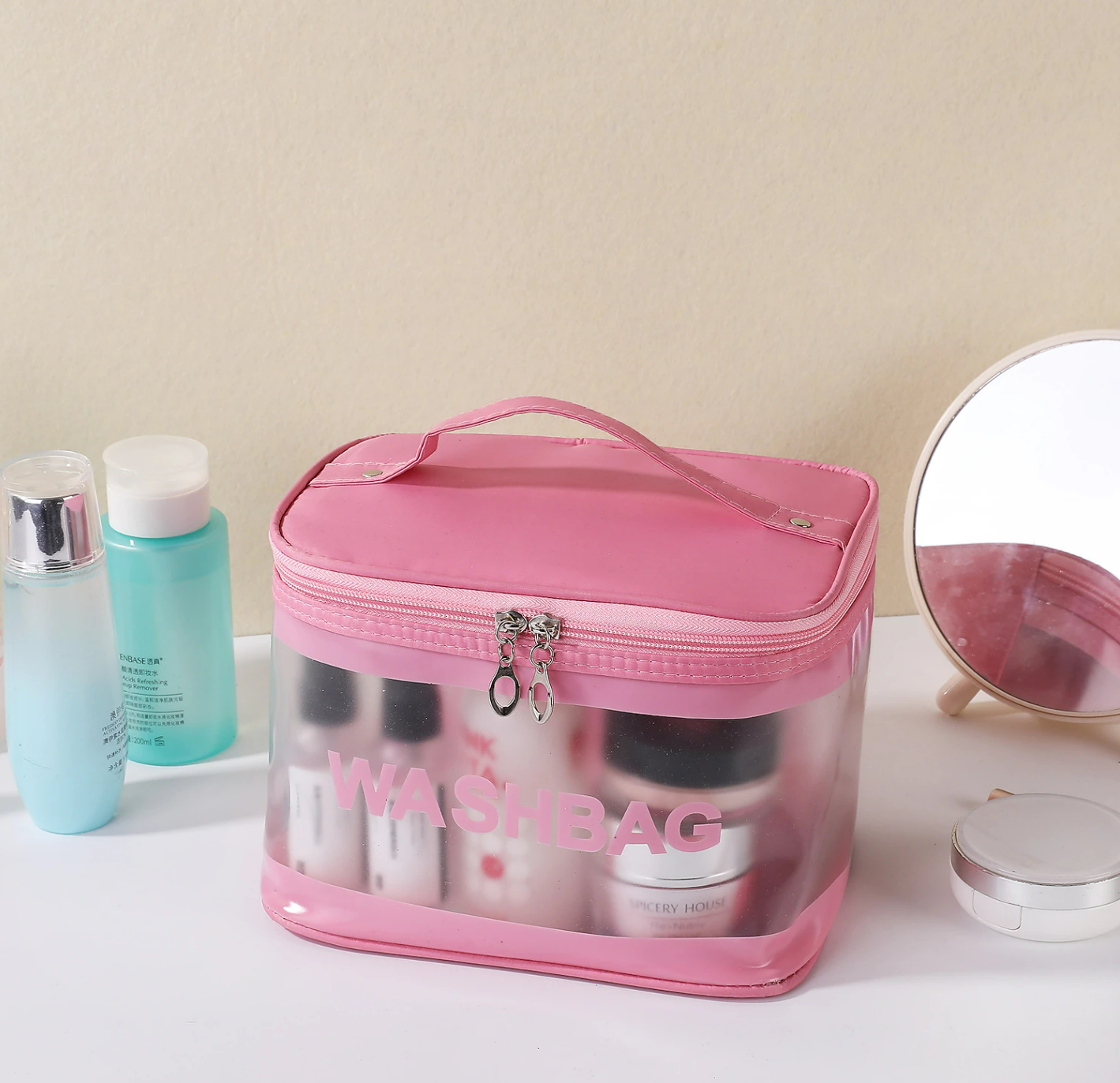 Clear beauty case demonstrating its storage capacity.