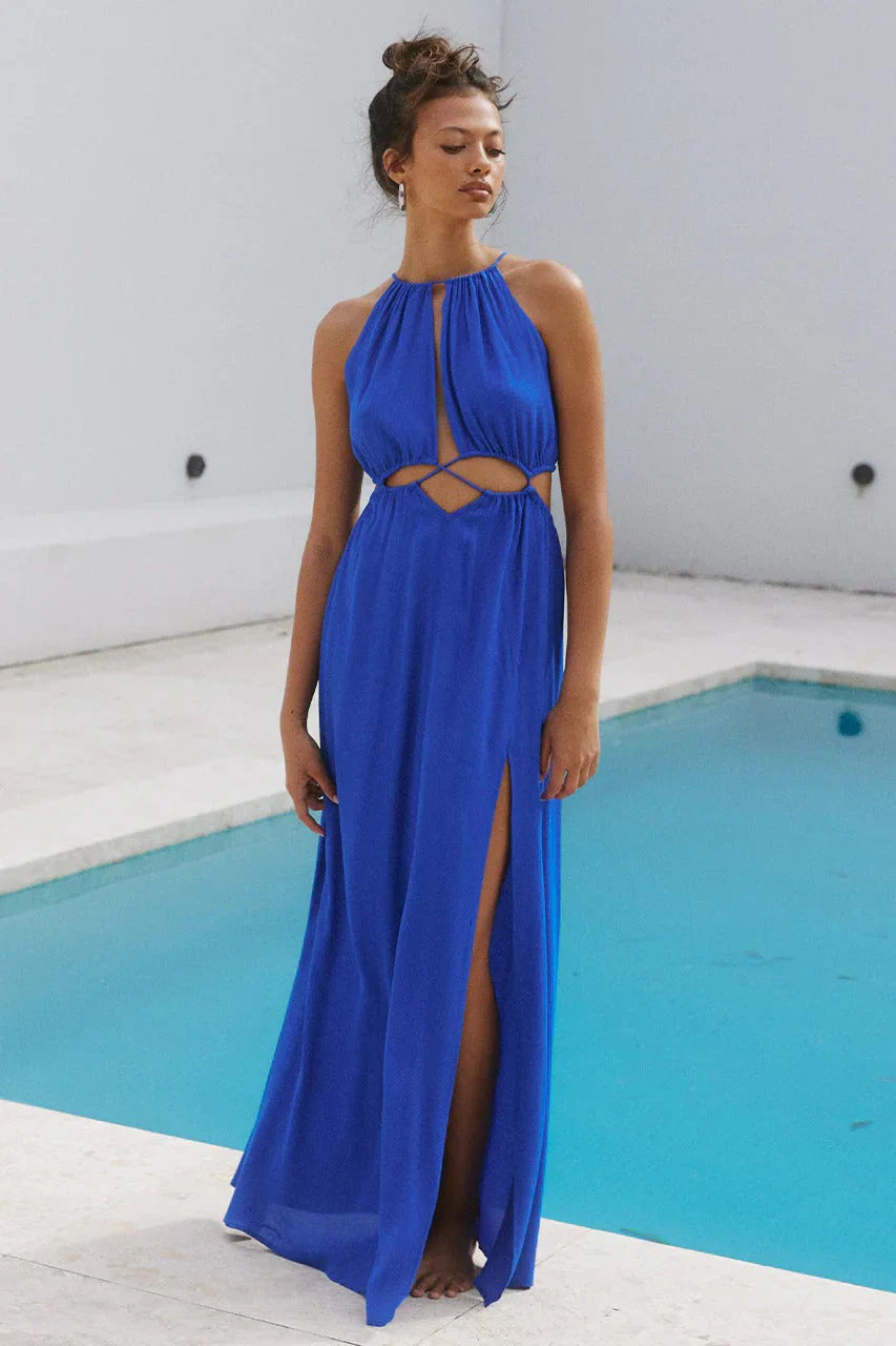 Cobalt Blue Halter Neck Keyhole Cutout Waist Tie Back High Slit Maxi Formal Evening Prom Dress