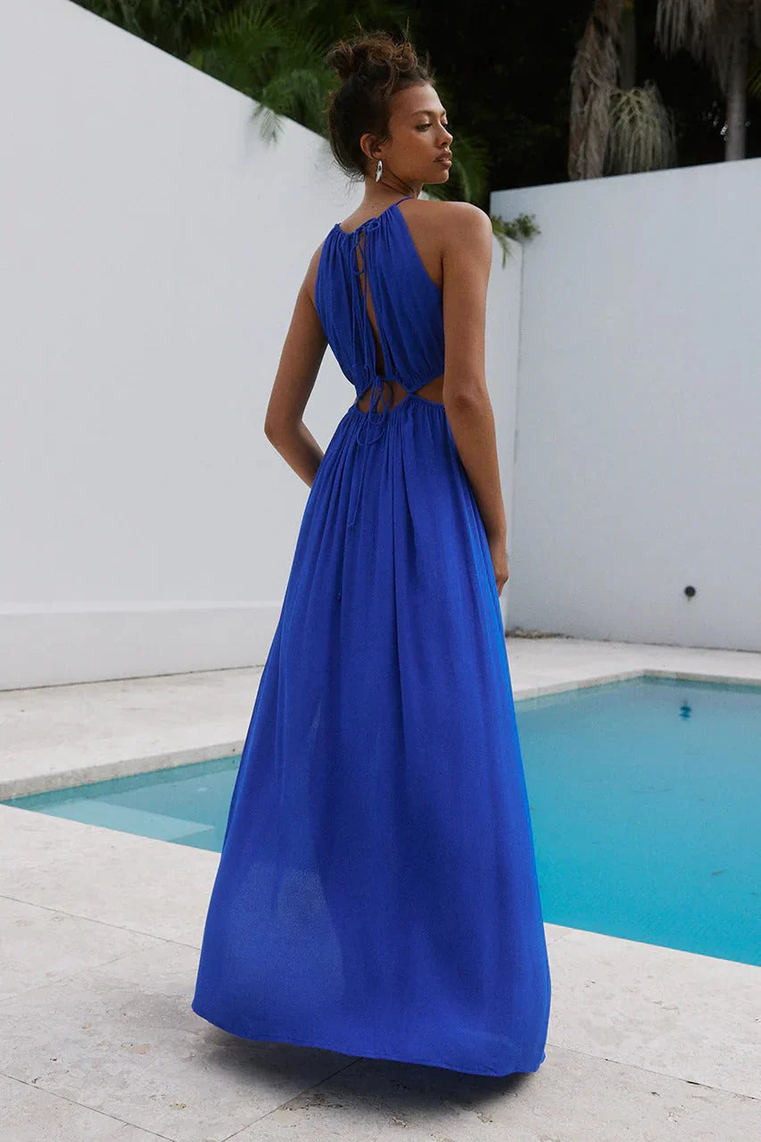Cobalt Blue Halter Neck Keyhole Cutout Waist Tie Back High Slit Maxi Formal Evening Prom Dress
