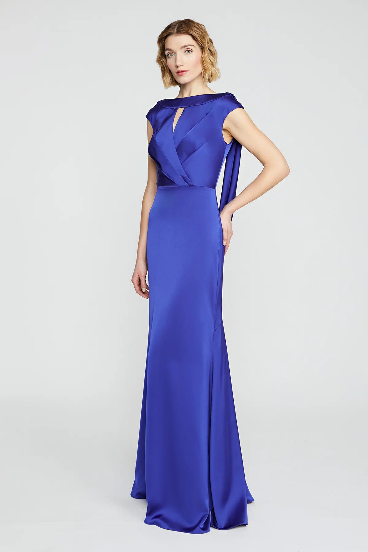 Cobalt Blue Satin Mermaid Boat Neck Draped Back Keyhole Detail Floor Length Formal Evening Prom Dress