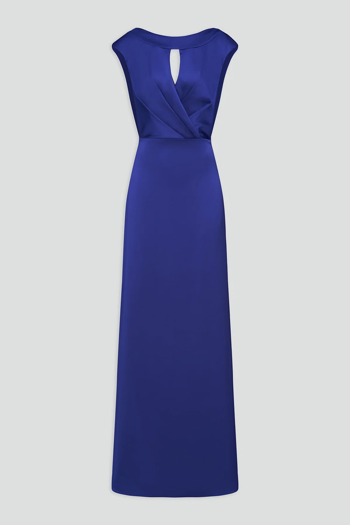 Cobalt Blue Satin Mermaid Boat Neck Draped Back Keyhole Detail Floor Length Formal Evening Prom Dress