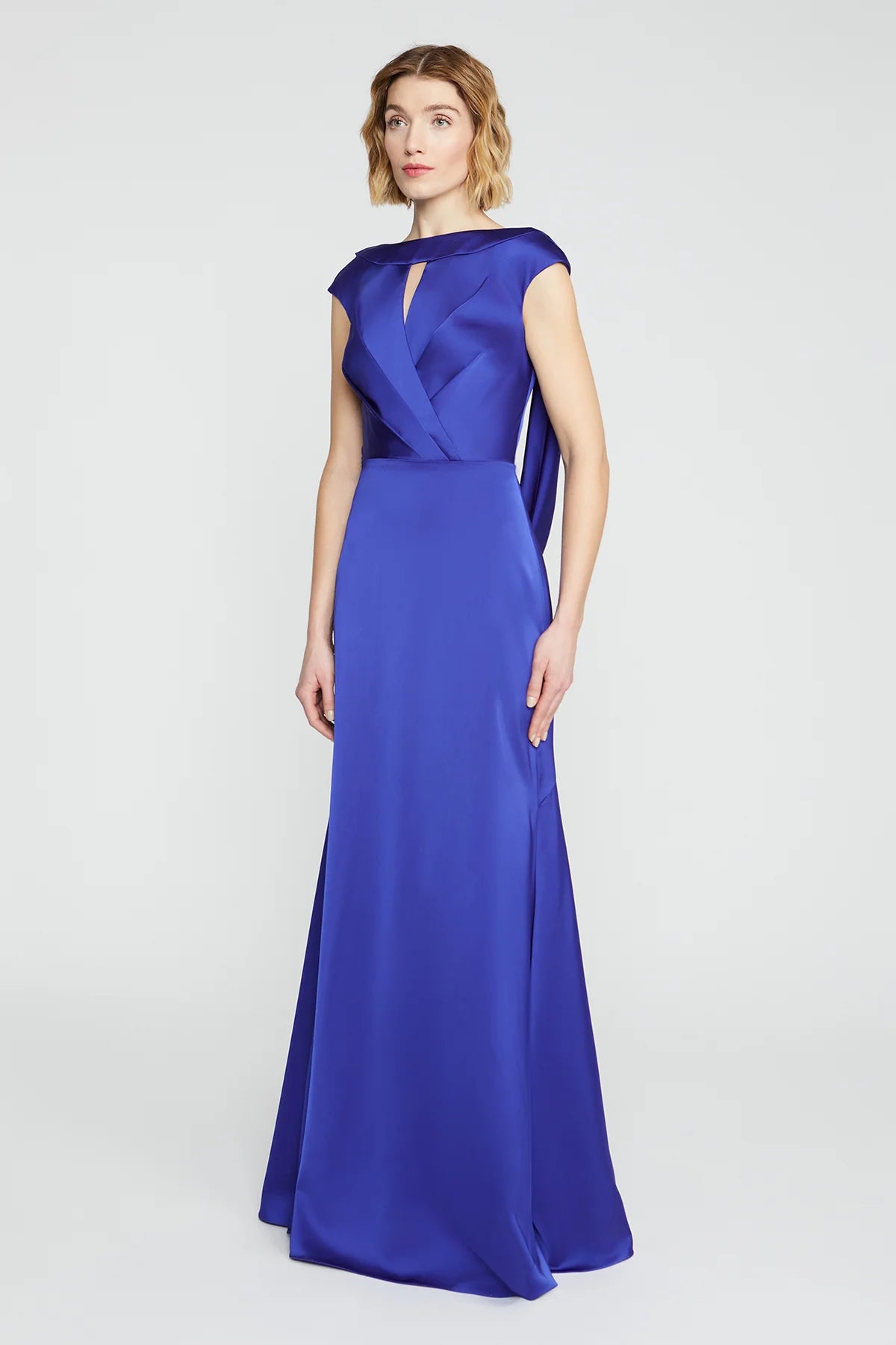 Cobalt Blue Satin Mermaid Boat Neck Draped Back Keyhole Detail Floor Length Formal Evening Prom Dress