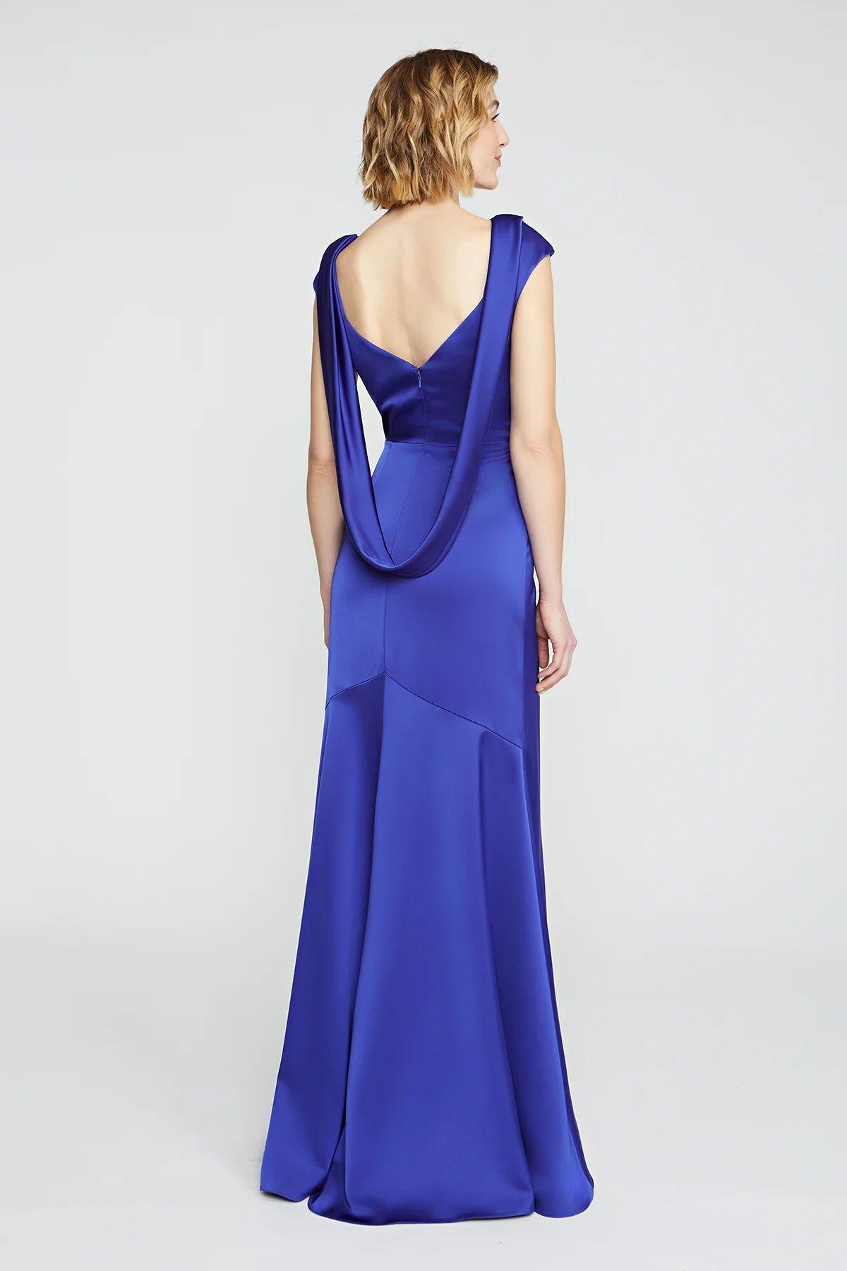 Cobalt Blue Satin Mermaid Boat Neck Draped Back Keyhole Detail Floor Length Formal Evening Prom Dress