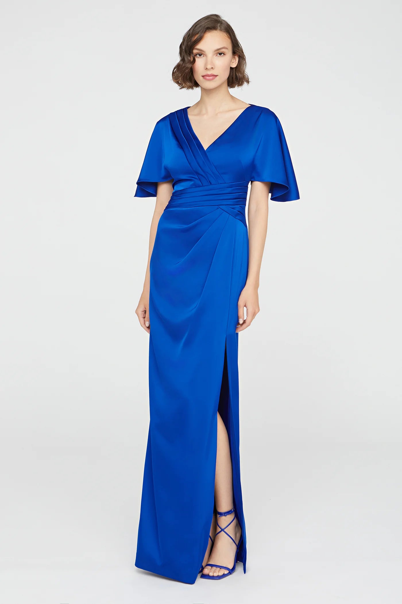 Cobalt Blue Satin Sheath V Neck Flutter Sleeve Ruched Waist High Slit Floor Length Formal Evening Prom Dress