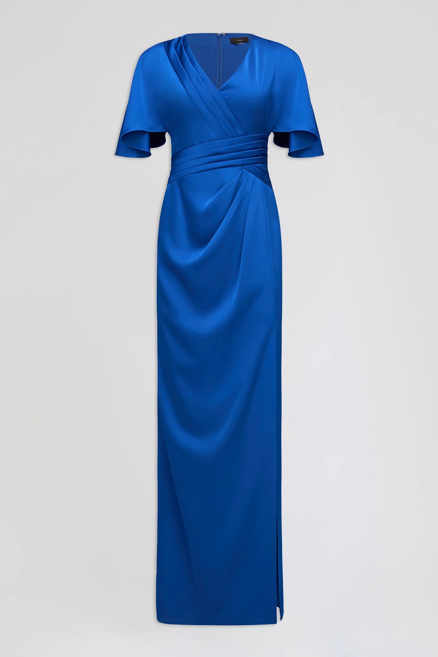 Cobalt Blue Satin Sheath V Neck Flutter Sleeve Ruched Waist High Slit Floor Length Formal Evening Prom Dress