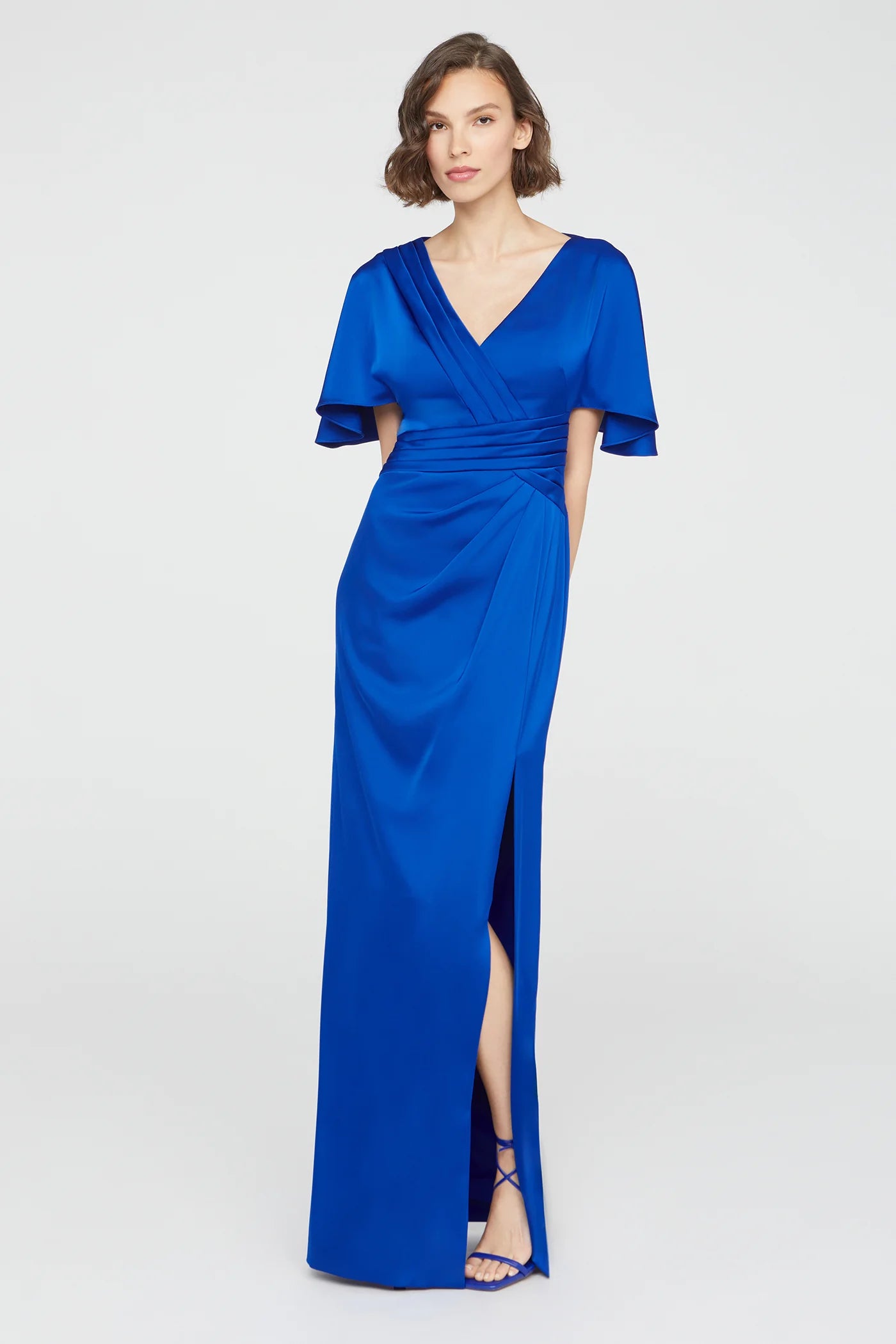 Cobalt Blue Satin Sheath V Neck Flutter Sleeve Ruched Waist High Slit Floor Length Formal Evening Prom Dress