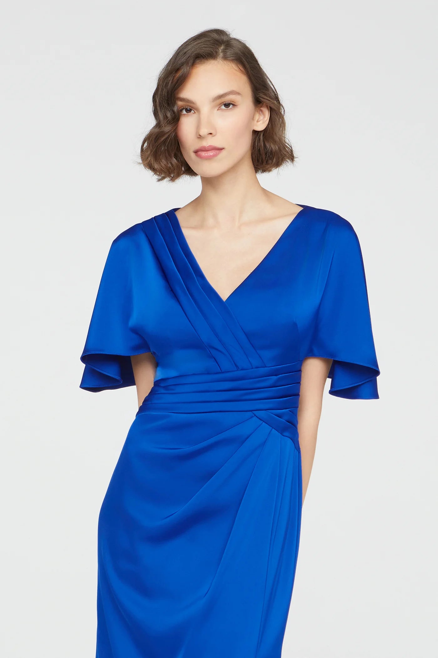 Cobalt Blue Satin Sheath V Neck Flutter Sleeve Ruched Waist High Slit Floor Length Formal Evening Prom Dress