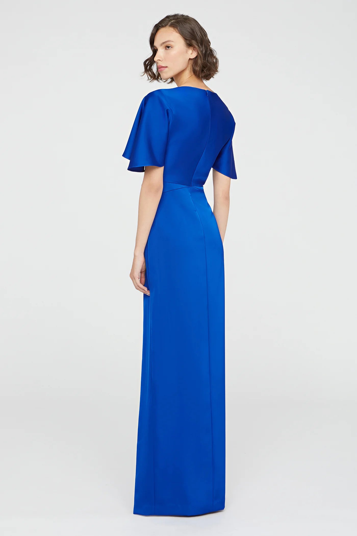 Cobalt Blue Satin Sheath V Neck Flutter Sleeve Ruched Waist High Slit Floor Length Formal Evening Prom Dress