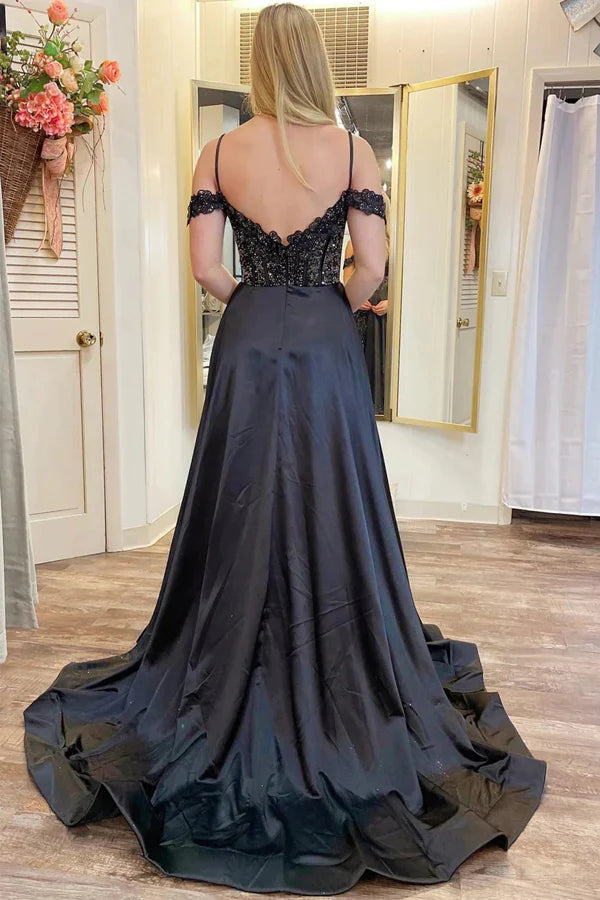 A-Line Cold-Shoulder Beaded Split Prom Dress With Pockets