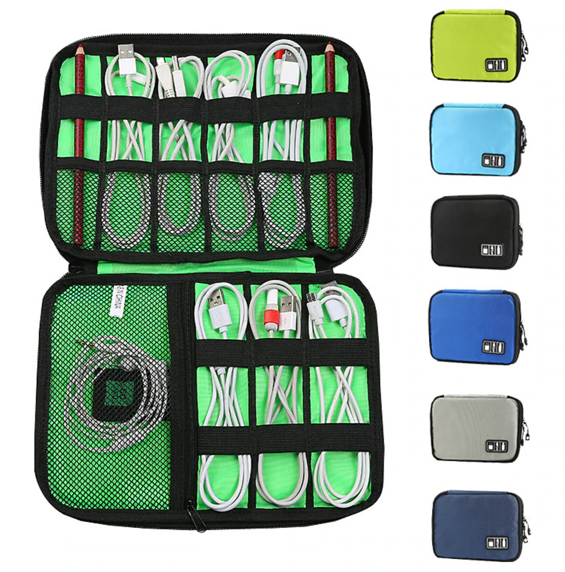 A grey portable cable organizer bag, closed, showing its compact size.