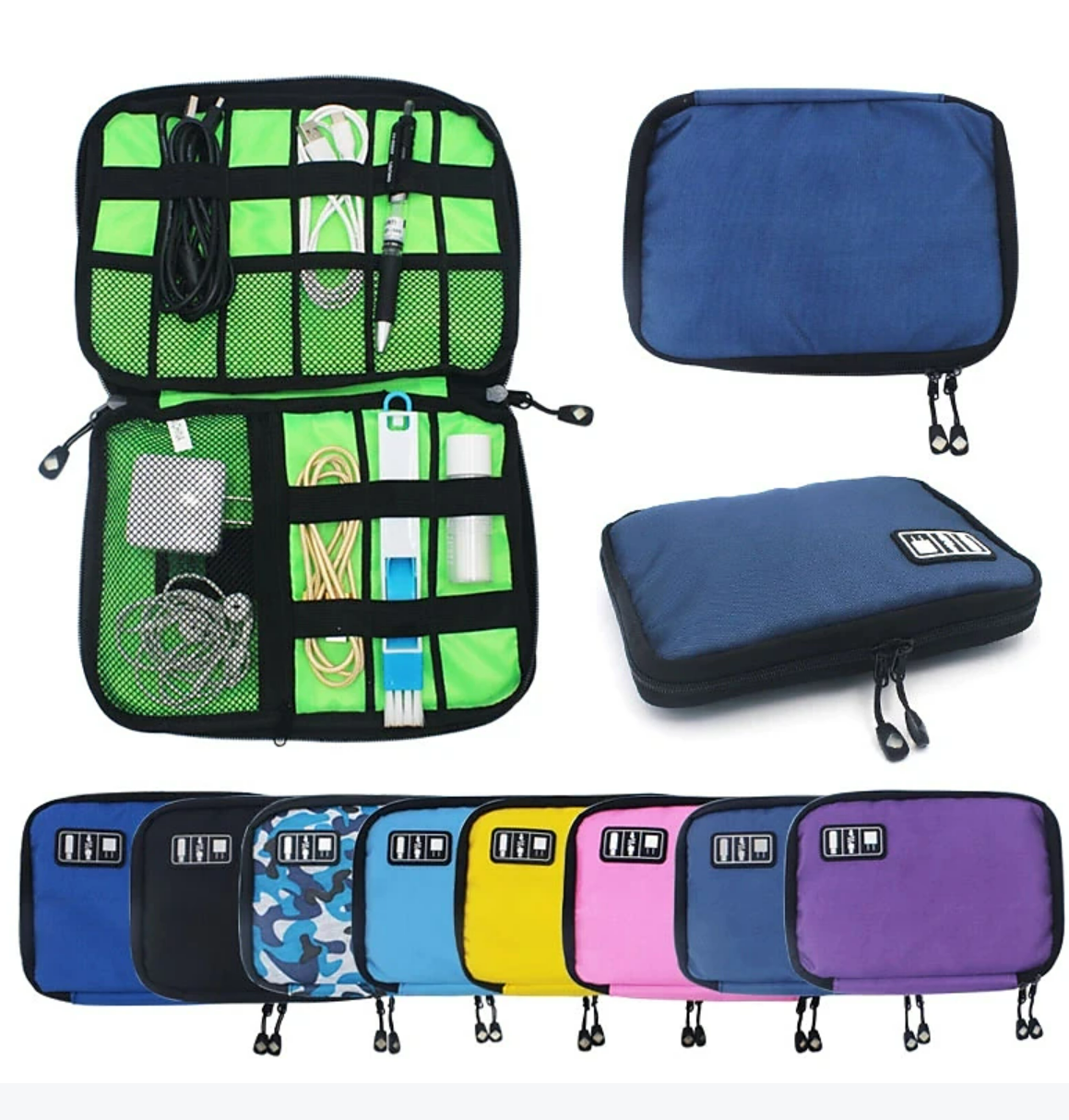 A black portable cable organizer bag, closed, with a side view.