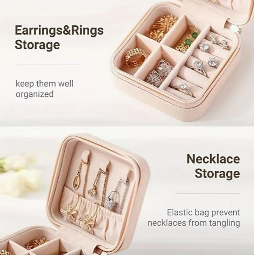 Front view of a compact pink jewelry case.