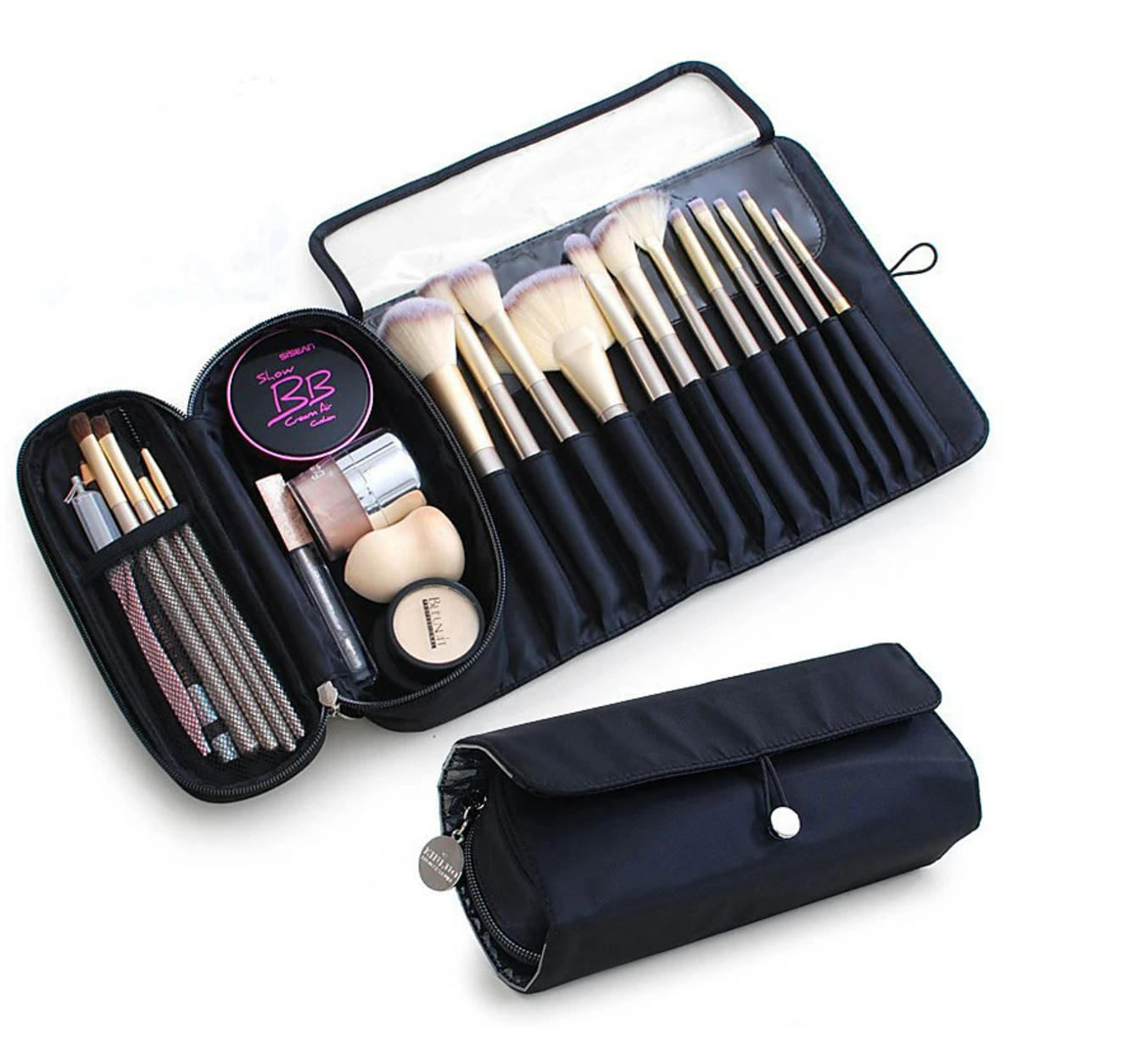 Black roll-up makeup brush organizer, open, showing brush slots.