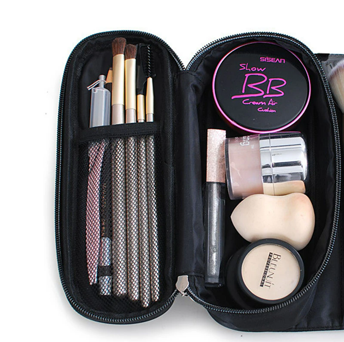 Black makeup brush holder, open, displaying multiple brush compartments.