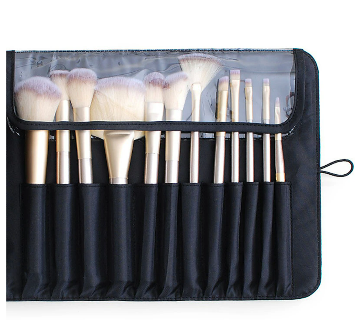 Portable black cosmetic brush organizer, partially rolled.