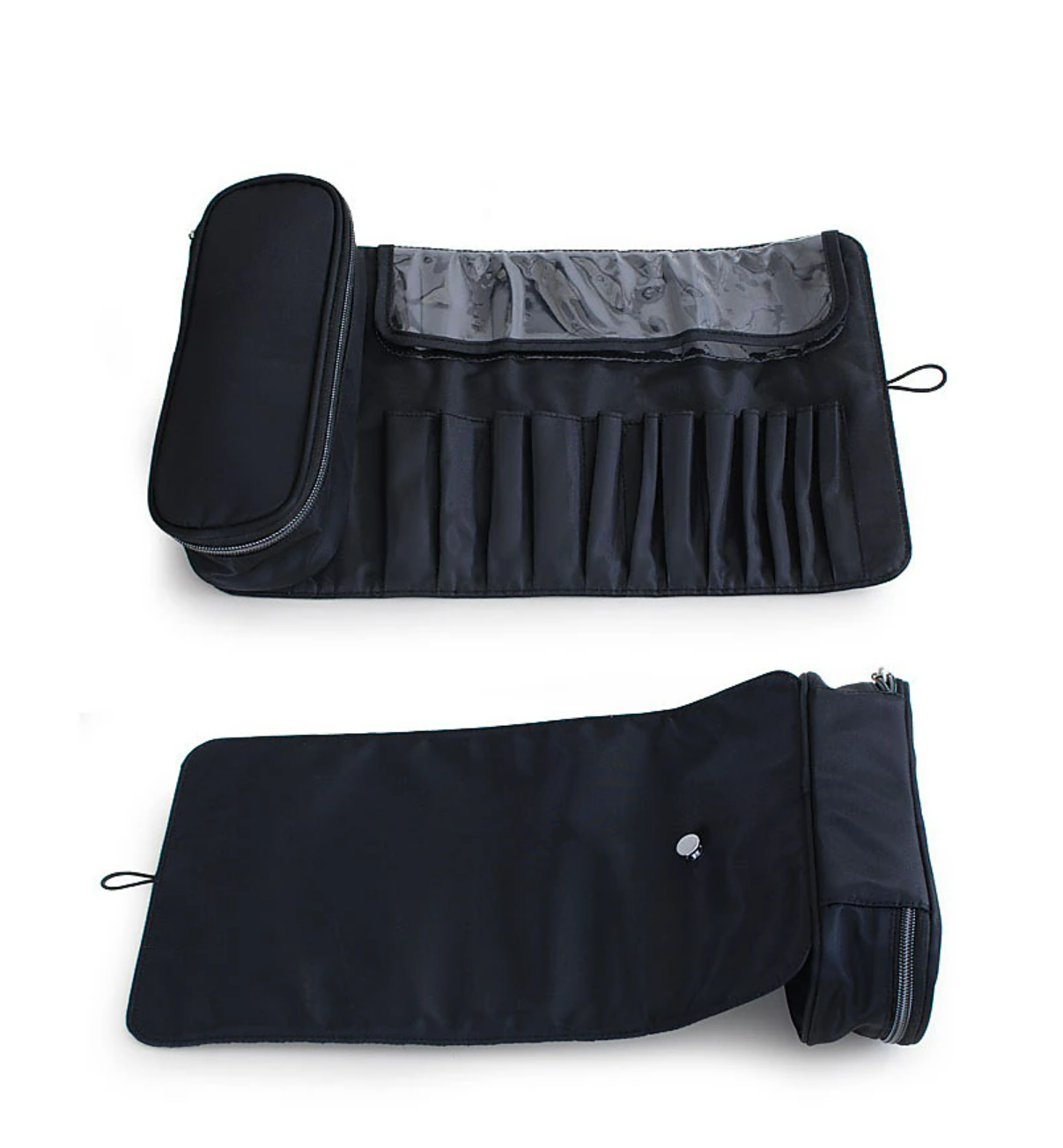 Black makeup brush roll-up pouch, empty and open.