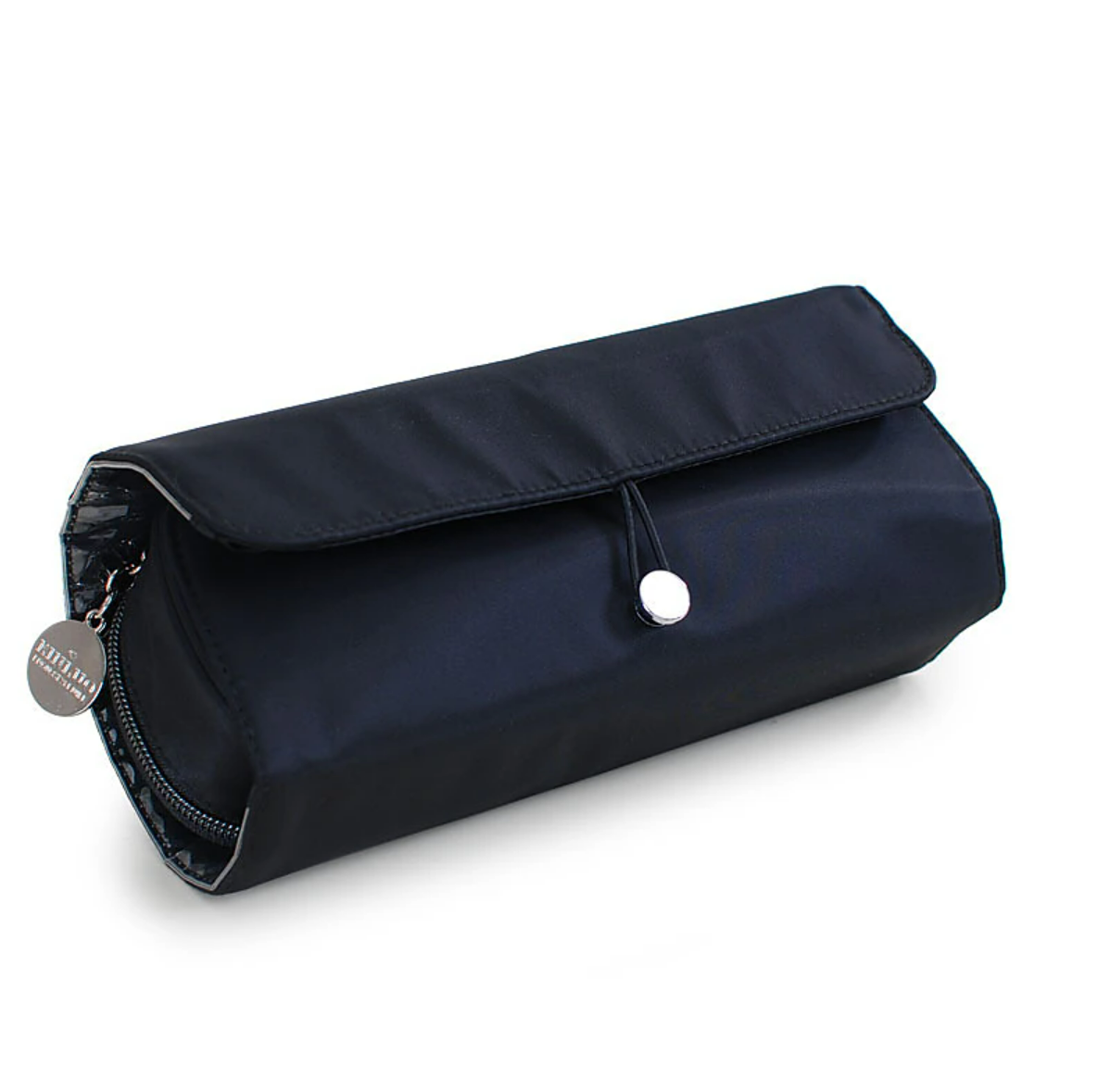 Black travel brush case, compact and closed.