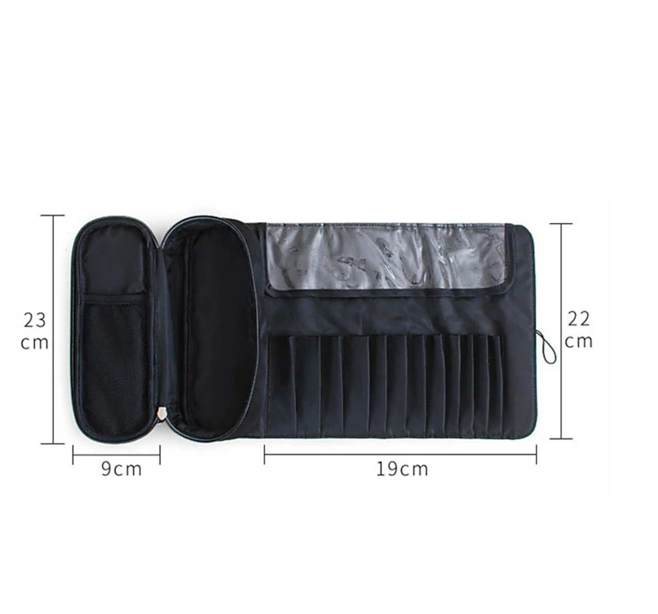 Black makeup brush organizer, open, with brush slots.