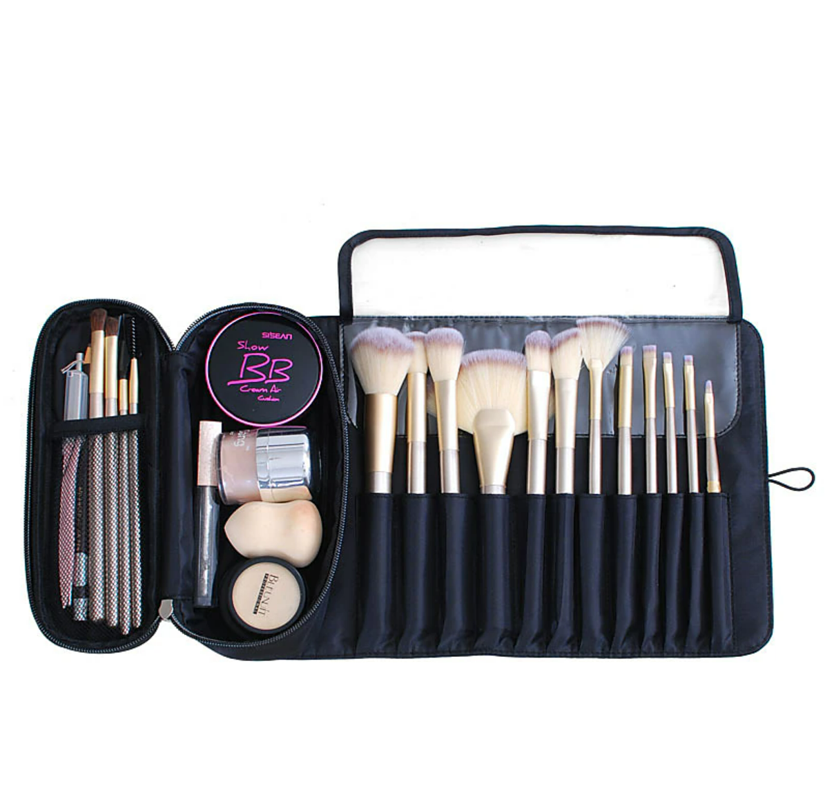 Black cosmetic brush holder, showing interior details.
