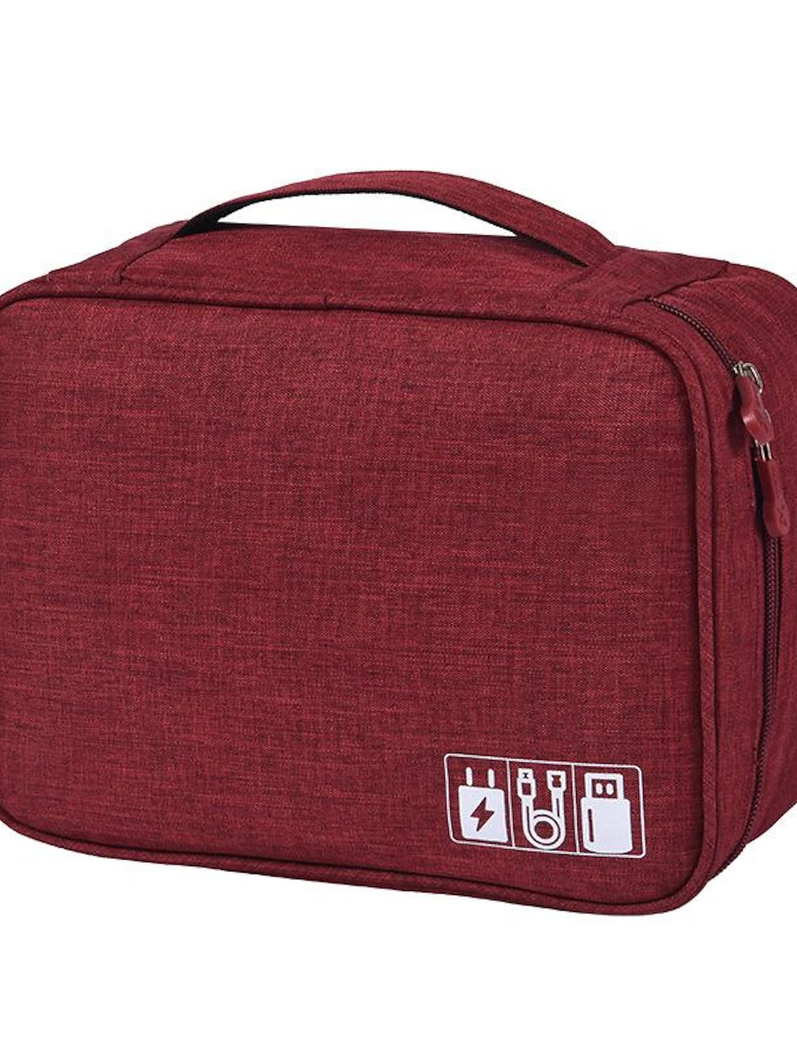 Open travel electronics organizer bag with multiple compartments.