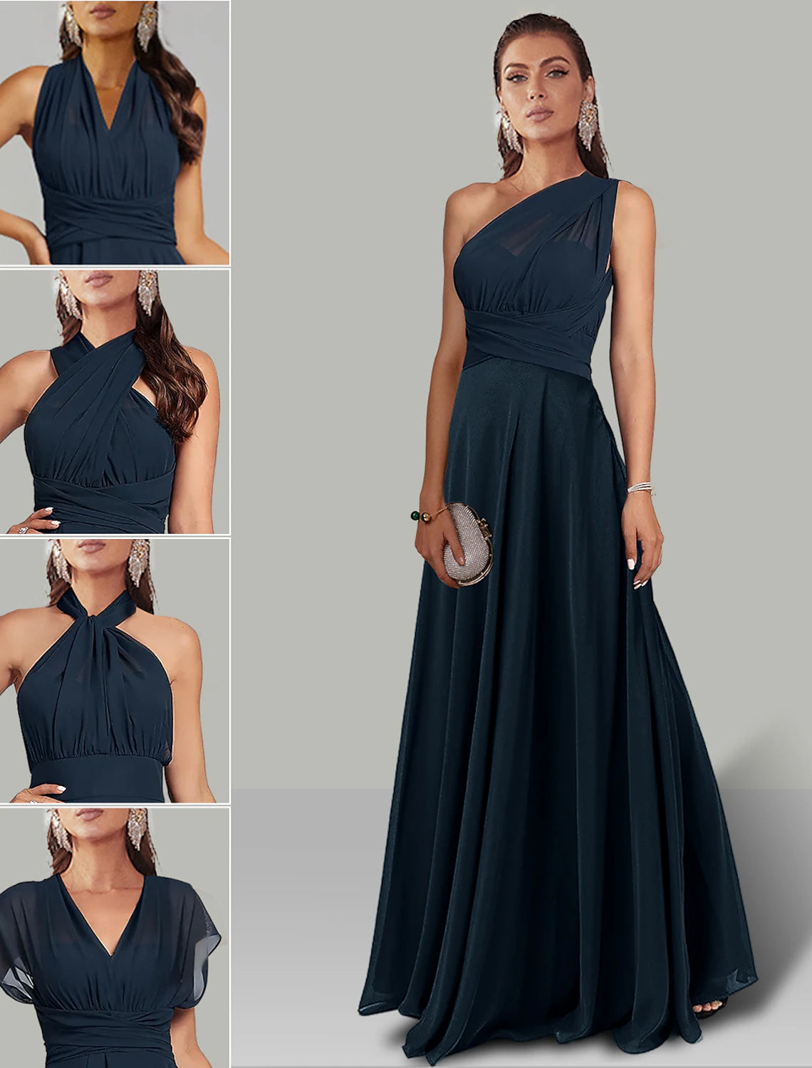 A-Line Halter Convertible Chiffon dress, front view.