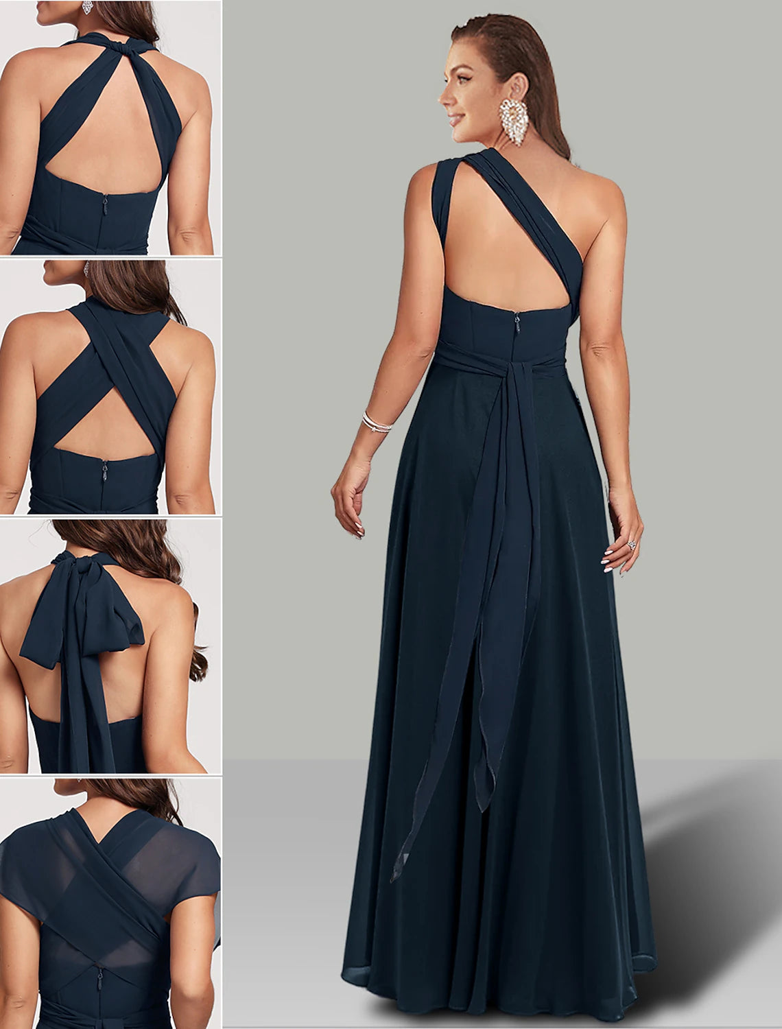 Ruched detail on the Halter Chiffon A-Line dress.